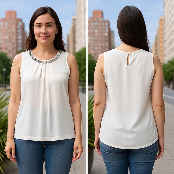 Faisca White Sleeveless Blouse with Rhinestone Embellished Neckline Size M - Picture 1 of 8